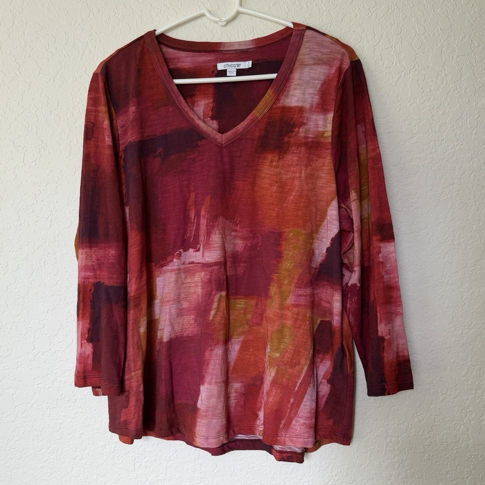 Chico's Women's V-Neck Top Sz 3 XL Fall Abstract Artsy Red Orange Cotton Modal